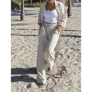 Athleta Retreat Linen High Rise Wide Leg Pants Set w/Linen Long Sleeve Top Large